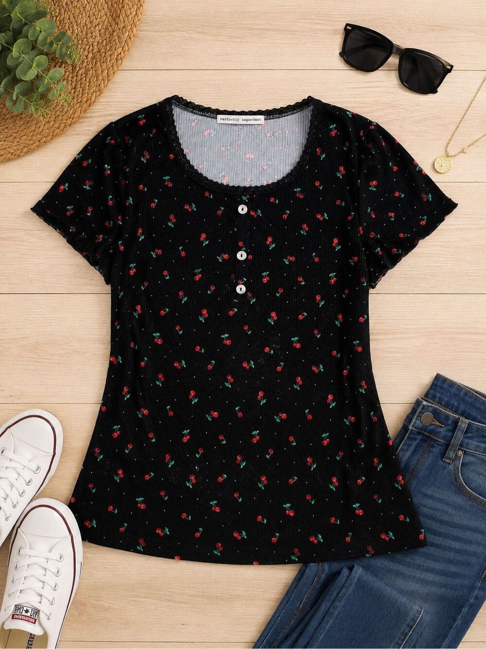 Perfectly Imperfect Women’s 1X Black Cherry Print Ribbed Button Front Top